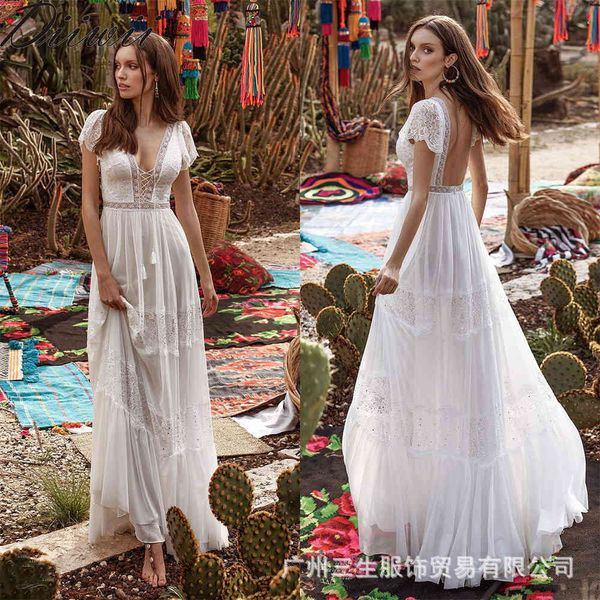 

2021 summer women's wedding v-neck short sleeve lace applique floor sweeping bohemian backless bridal dress, Black;gray