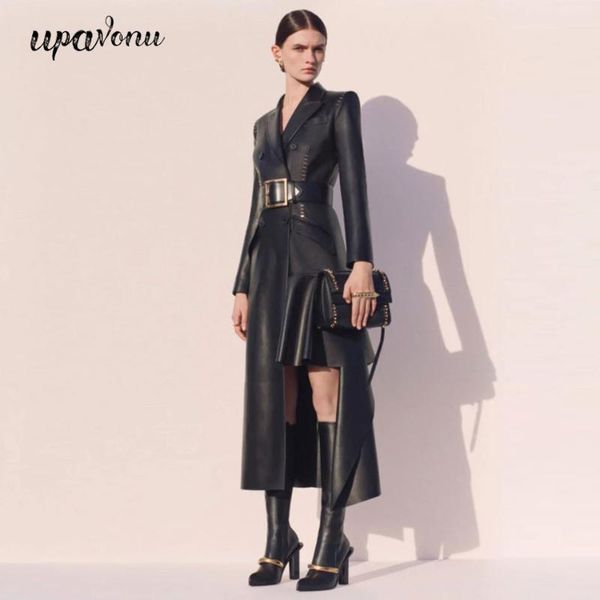 

casual dresses 2021 chic faux leather dress elegant women lapel long sleeve belt double breasted marx club party pu, Black;gray