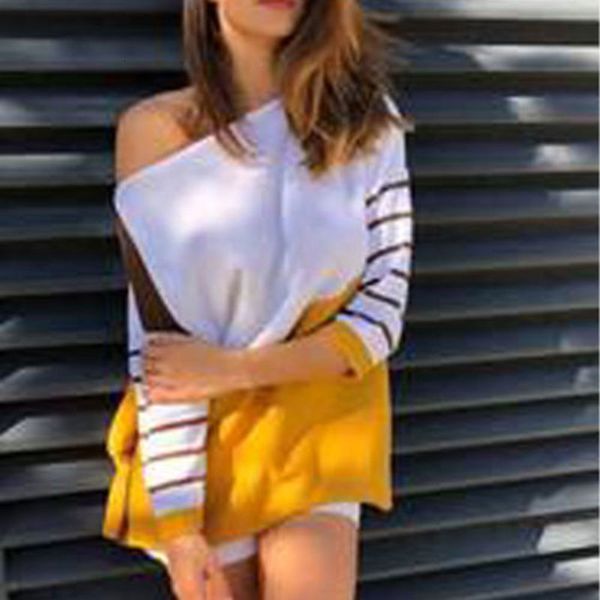 

women's off shoulder long cropped mouw random loose t-shirt, White