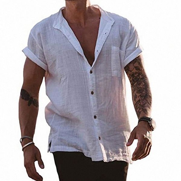 

men's shirt solid color stand collar street casual button-down short sleeve casual fashion comfortable white black o0qc#