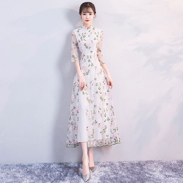 

female exquisite flower embroidery a-line dresses elegant chinese formal party dress banquet gown qipao uo7f, Blue;red