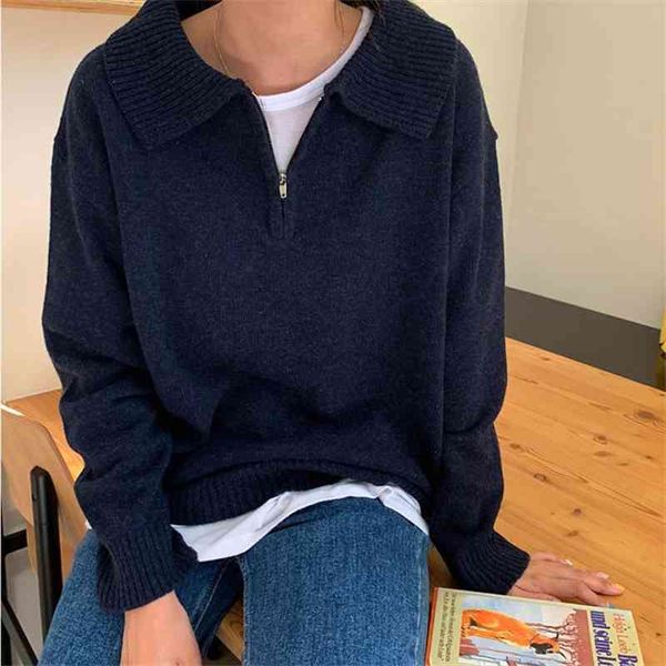 

zipper chic lapel pullover women sweaters casual loose autumn knitwear warm outwear stylish jumpers, White;black