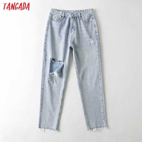

tangada fashion women ripped crop jeans pants long trousers pockets buttons female pants 2qi5 210609, Blue