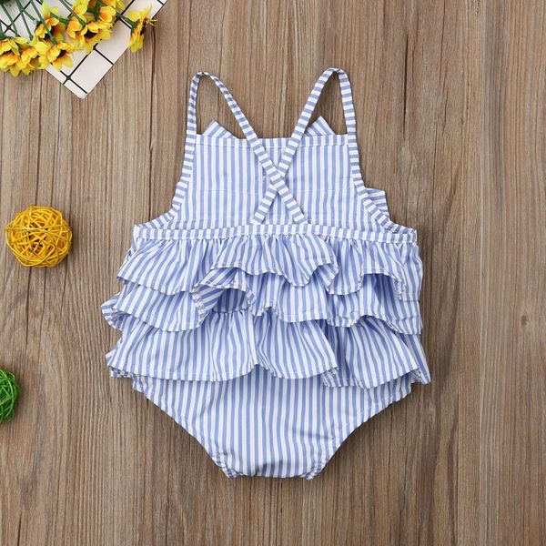

summer baby girls striped bow sleeveless ruffle bodysuit outfits, Blue