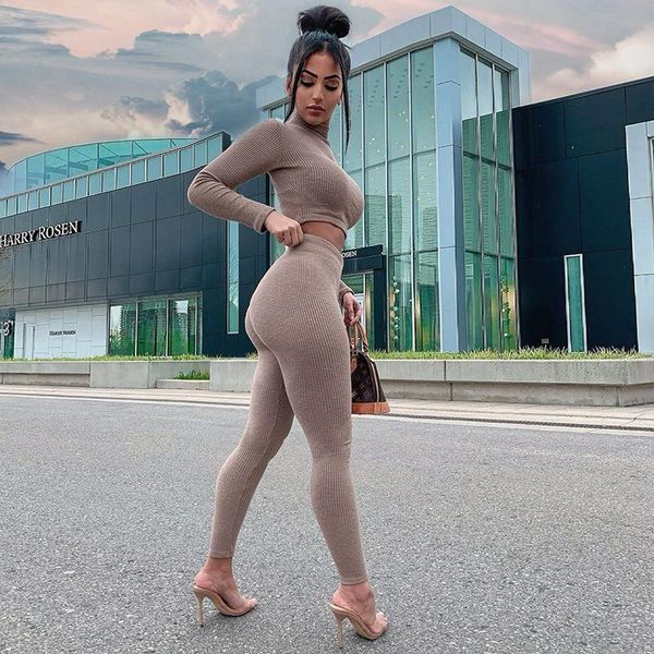 

2021 winter women sport fitness 2 two piece set outfits long sleeve crop tshirt leggings pants set solid knitted tracksuit, Gray