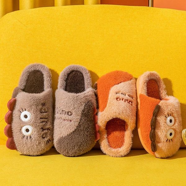 

slippers 2021 cute cartoon dinosaur plush women house indoor faux fur slides non-slip soft bottom outdoor men winter warm shoes, Black
