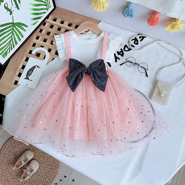 2021 neue Sommer Kinder Mädchen Kleidung Mädchen Kleid Gestrickte Kurze T-shirt + Bogen Ballkleid Kleid 2 stücke kinder tragen kinder kleidung