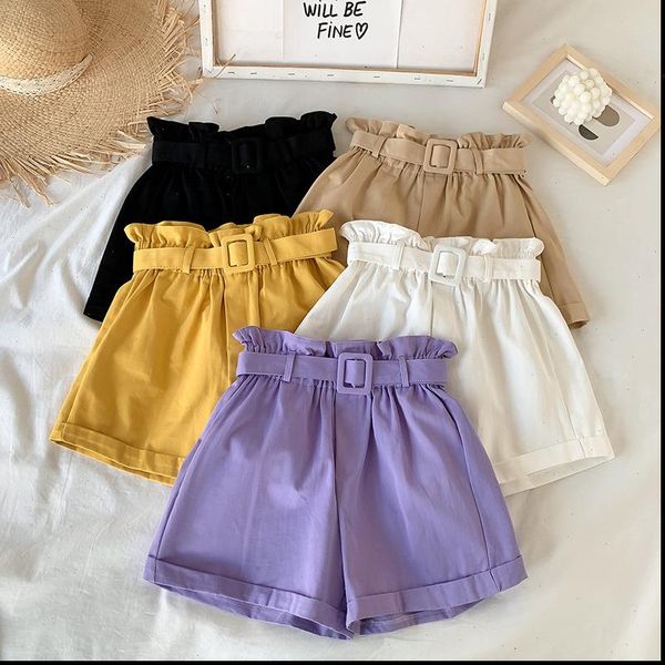 

elegant cotton shorts womens 2021 summer new wild leisure bead bud wide leg shorts high waist slimming shorts with a belt, White;black