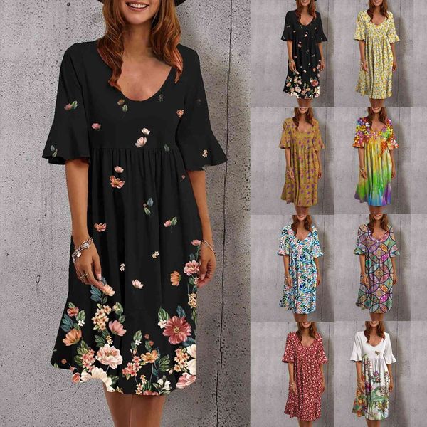 

casual o neck flared sleeves women dresses floral printing loose vestido de mujer summer, Black;gray