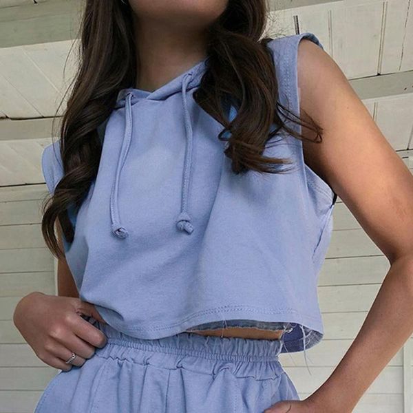 

women's tanks & camis 2021 solid hooded crop summer fashion streetwear hoodie hip hop women casual simple sleeveless loose pullover, White