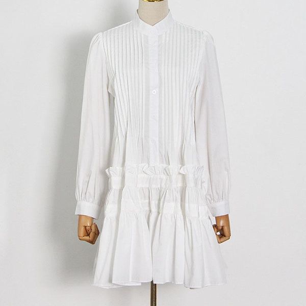 

casual dresses seebeautiful pleated stitching loose dress stand collar long sleeve single breasted simple fashion 2021 summer women e832, Black;gray