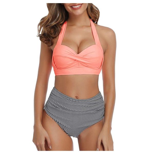 

women's swimwear summer women vintage swimsuit two piece bikini set halter ruched high waist print vestidos de baÃ±o mujer, White;black