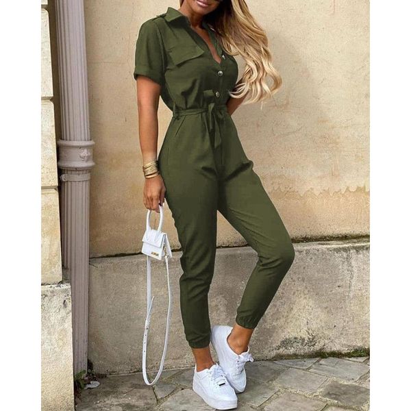 

women's jumpsuits & rompers stylish lady button lapel 2021 summmer women short sleeve bodycon bandage sash pocket casual street cargo o, Black;white
