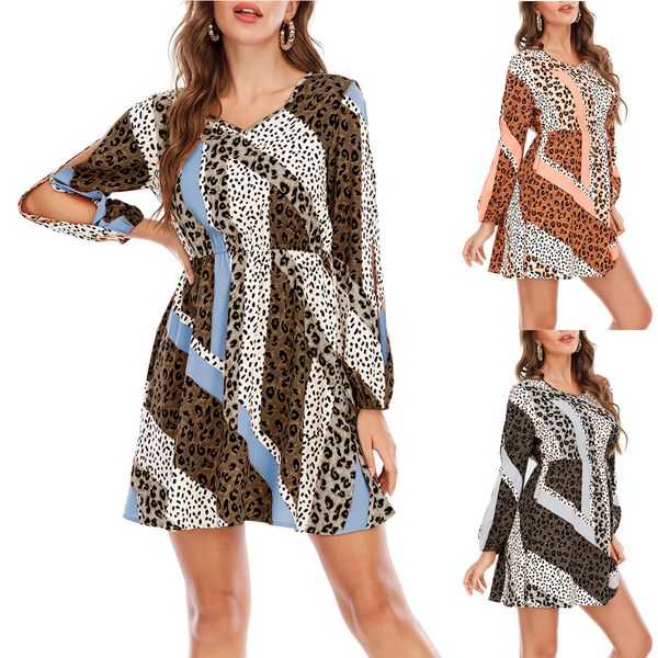 

self-made real snew fall womens clothing color matching printed leopard print v-neck dress, White;black