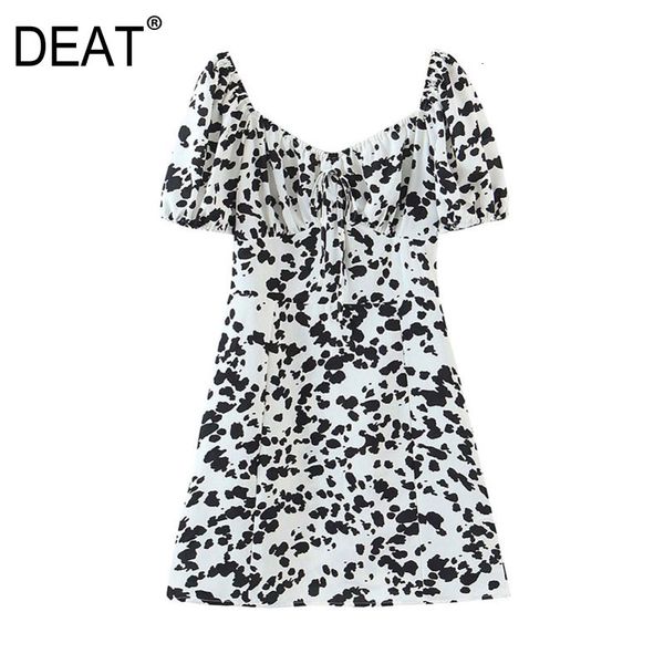 

[deat] Female Temperament Loose Sleeve Short Waist High-waist Square Print Mini Dress 2021 New Fashion Summer Tide Poxh, Black;gray