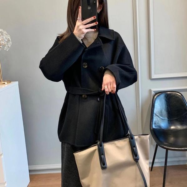 

women's wool & blends cut size clear good quality thickened double-sided tweed overcoat with waist down and thin woolen autumn, Black