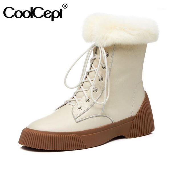 

boots coolcept real leather women ankle warm fur flats round toe shoes winter fashion daily footwear size 34-391, Black