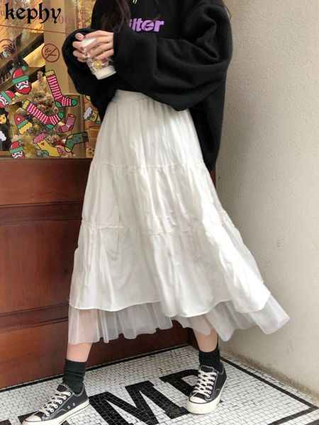 

skirts long tulle midi womens 2021 summer elastic high waist mesh tutu pleated female black white skirt streetwear