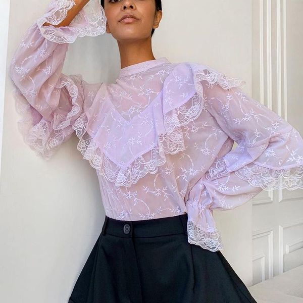 

meiyangyoung embroidered lace women blouse ruffles sleeve women's shirt vintage pullover female chic ladies blusas, White