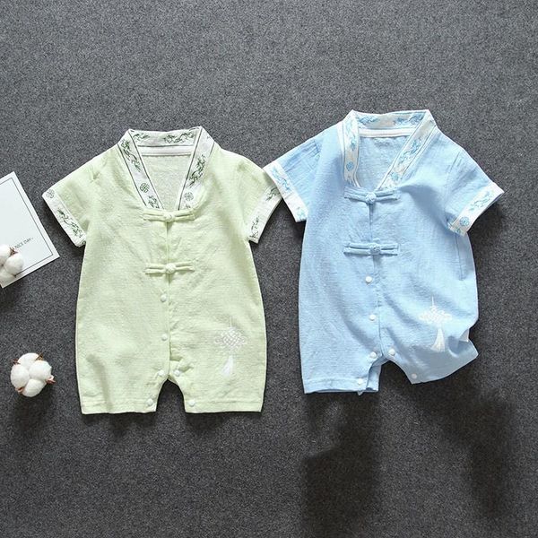 

jumpsuits cotton linen baby boys romper breathable summer infant jumpsuit chinese style toddler outfits one-pieces clothes, Blue