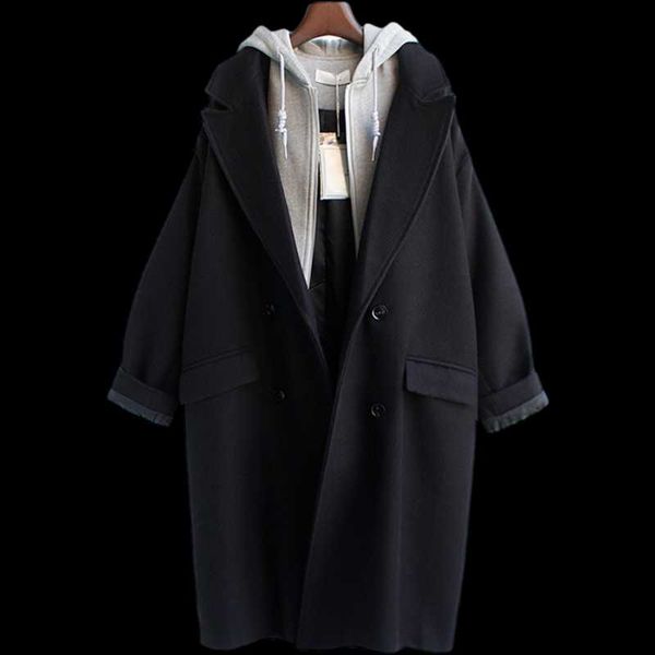 

ewq] woolen hooded coat women stitching long sleeves warm spring queen overcoats 2021 spring black fake two trendy clothes 8q57