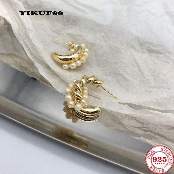 

stud yikuf88 s925 sterling silver needle natural pearl earrings female vintage metal gold-plated twisted c-shaped ear, Golden;silver