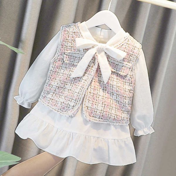 

baby girls clothing set classic plaid lace dress with vest two pcs kids spring autumn elegant suits child vestido p0831, White