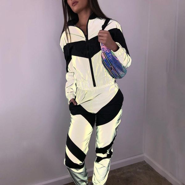 

bkld women new arrival fashion reflective clothing zipper full pants 2021 lady loose zipper jacket jogger pants trendy wear, Gray