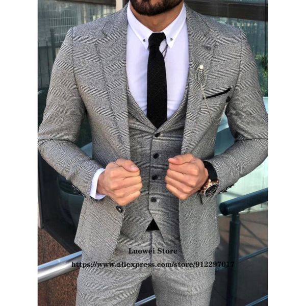

men's suits & blazers woolen plaid classic business 3 piece slim fit jacket vest and pants set groom formal wedding blazer terno mascul, White;black