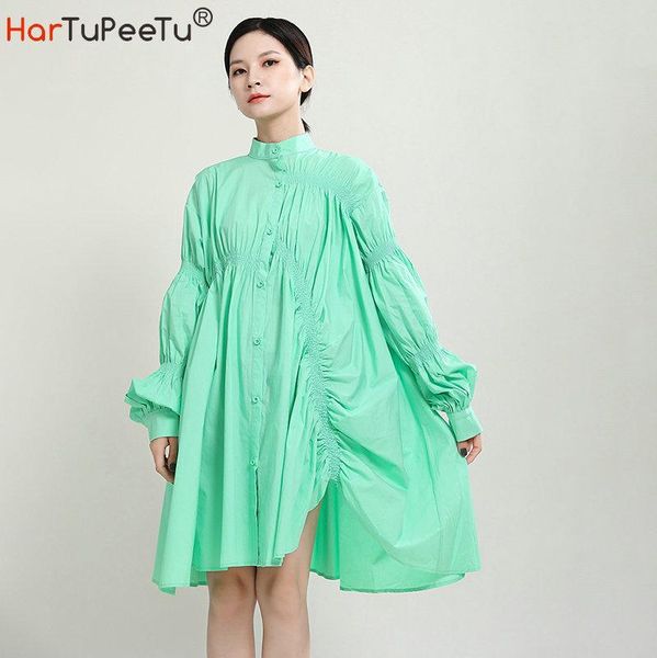 

casual dresses women shirt dress 2021 summer fall lantern sleeve irregular vestido cascading ruffle big hem plus size smoke plait long blous, Black;gray