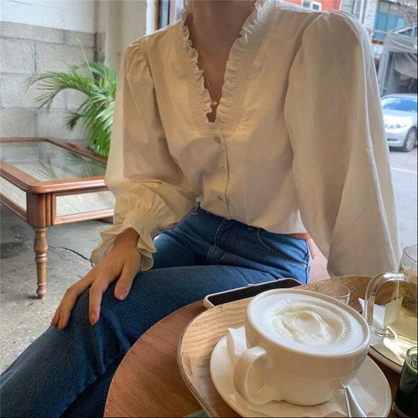 

hzirip girls elegance ol all match sweet feminine 2021 casual solid basic full sleeves chic leisure loose slim women shirts, White