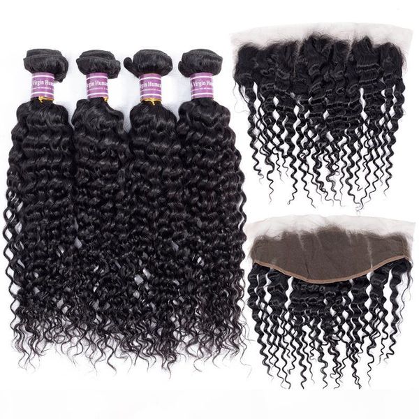 

brazilian virgin human hair weave 100% unprocessed peruvian virgin deep wave bundles with frontal remy hair extensions, Black