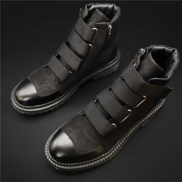 

autumn and winter men's leather boots martin thick bottom inner high short korean fashion zipper round head shoes, Black