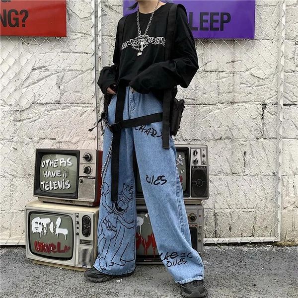 

women's jeans retro pant women spring/summer print cartoon high waist loose button zipper street hip hop fashion denim trousers 435, Blue