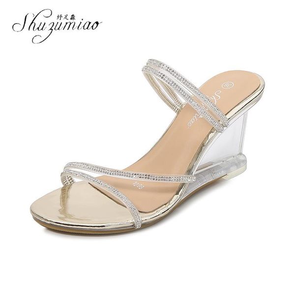 

sandals shuzumiao women slipper wedges heels two ways to wear crystal heel elegant peep toe female ladies summer shoes, Black