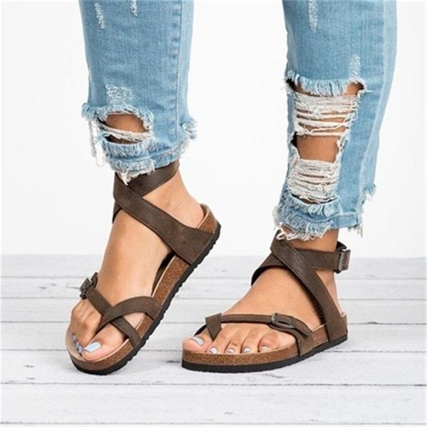 

sandals women summer fashion women's 2021 roman flat gladiator strap ankle buckle beach 35-43, Black
