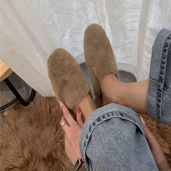 

2021 female warm plush slippers soft new ladies indoor flat lazy shoes casual low heel comfortable women's shoes, Black