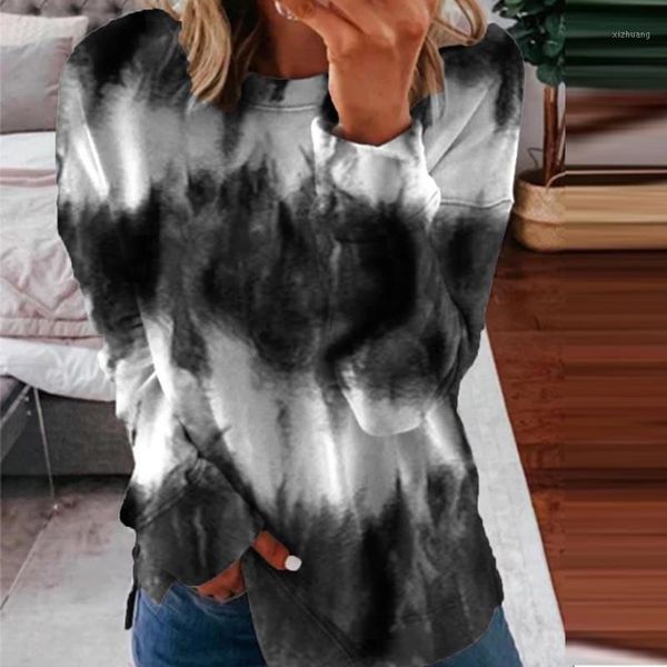 

women's t-shirt woman's casual t-shirts fashion long sleeve tie-dye printed round collar loose leisure pullover plus size camiset, White