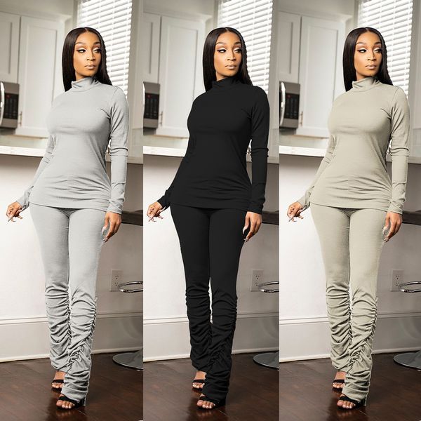 

tertleneck womens solid color high collar two sets stacked leggings two piece set women stacked pants joggers set sweatpants, White