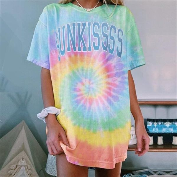 

women's t-shirt multicolor tie-dye print hip hop mid-length t shirt for women o neck short sleeve japanese fashion harajuku 2021summer, White