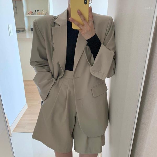 

women's tracksuits oversize solid girls blazer women suit long sleeves high waist wide leg trousers two piece shorts suits, Gray