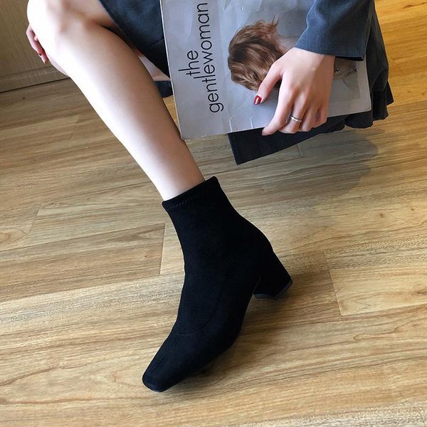 

boots autumn korean version of thick and short boot kids 2021 boots, high-heeled ins net red elastic thin, Black