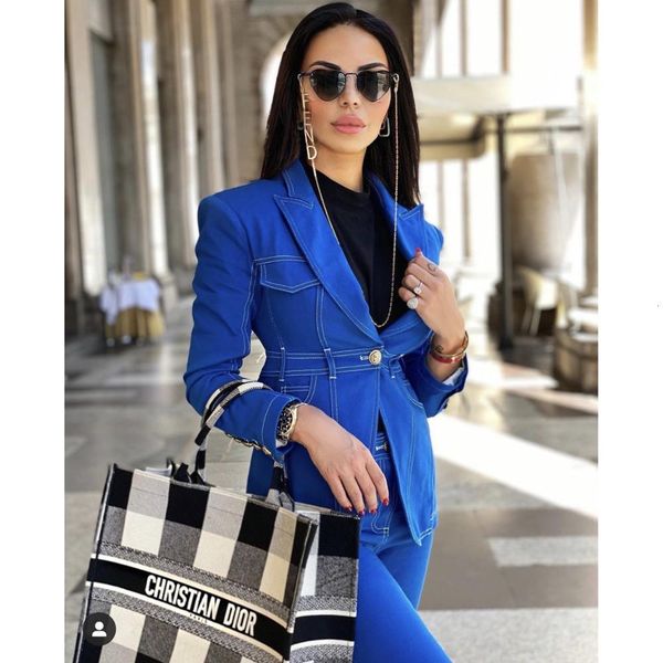 

women's suits & blazers cym denim blazer elegant long sleeves blue jacket designer metal lion buttons coat 85gd, White;black