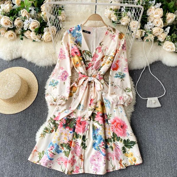 

casual dresses 0 women's spring fashion french retro v-neck puff sleeve lace up holiday shoot sen's knee length dress d099, Black;gray