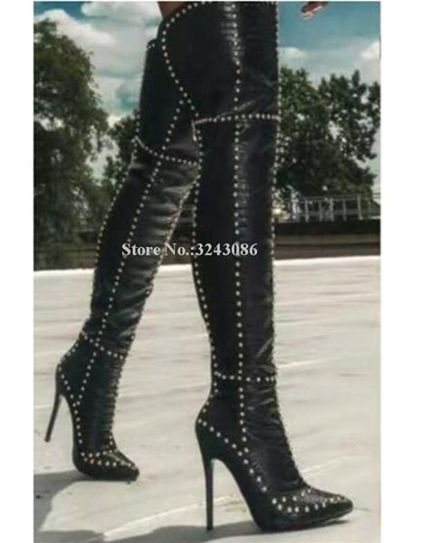 

boots black patent leather rivets woman long pointed toe stiletto heel studded over the knee lady real pos