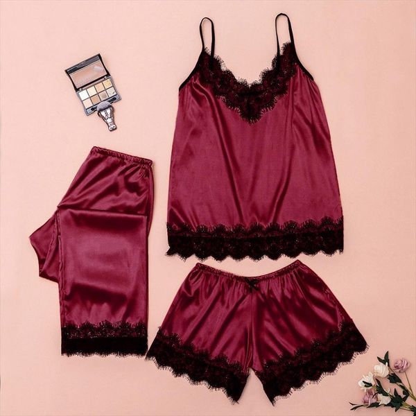 

3pc lace satin set womens sleepwears plus size lingerie camisole bow trousers pajamas ensemble pyjama femme, Black;red