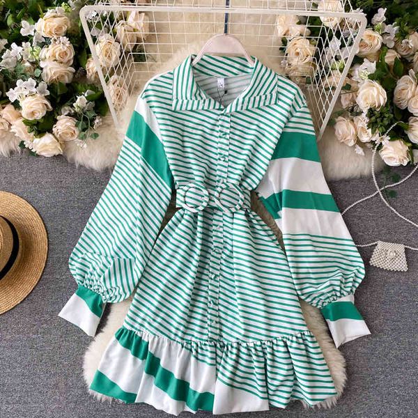 

casual dresses ins female autumn dress, , striped green, patchwork, necklaces, sleve, with belt, short, frilly rlm7, Black;gray