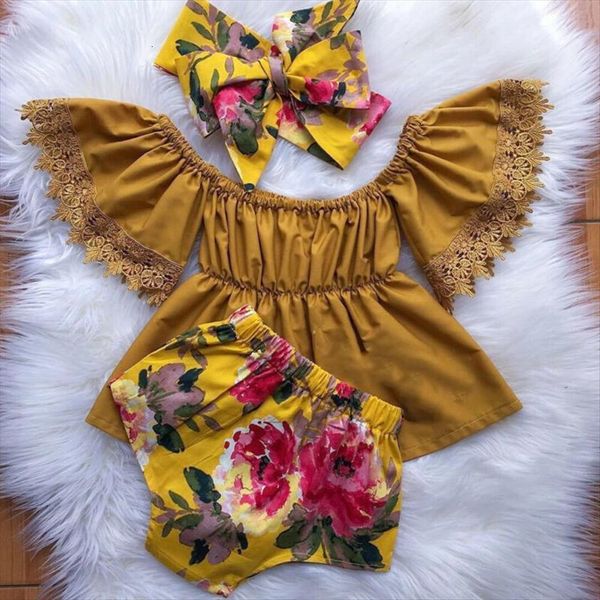 

3pcs toddler baby girl clothes sets off shoulder solid lace floral short pant headband outfits clothing 0 5t, White