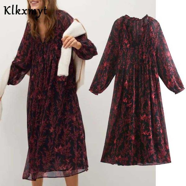 

klkxmyt za dress women chic fashion elegant print midi vintage long sleeve with linning female es vestidos mujer 210527, Black;gray