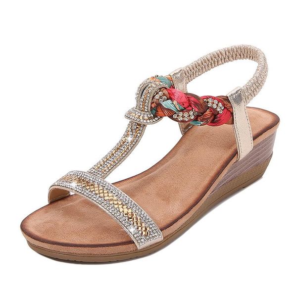 

woman sandals shoes 2021 shoes female retro crystal bohemia women summer wedge heel dance club elastic band fashion, Black